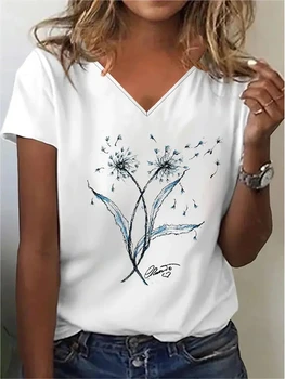 2022 Yaz kadın Çiçek Tema baskı tablo T Shirt V Boyun Üstleri Gevşetin Kazak Temel Streetwear Yeni Tasarım Tee Gömlek