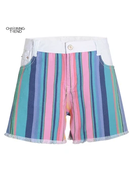 2022 Yaz Renk Kot Şort Kadın Kısa Streetwear Kısa Vintage Çizgili Şort Yüksek Sokak Renkli Gevşek Denim kısa pantolon