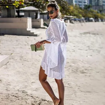 2022 Yeni Beyaz Tığ Bikini Cover Up Seksi Hollow Out Tunikler Plaj Elbise Yaz Kadın Mayo Wrap Pareo Beachwear Kapak Ups