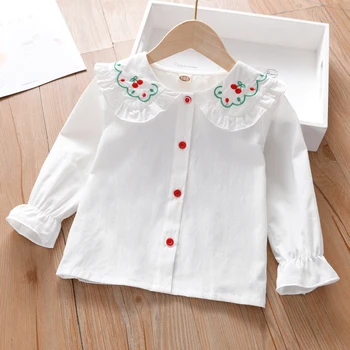 2022 Yeni Bluz Kız Gömlek Sonbahar Çocuk Giysileri Nakış Tavşan Kiraz Sevimli Bluz Beyaz Gömlek Temel Tees Tüm eşleşen Bluz