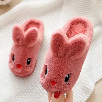2022 yeni kalınlaşmış sıcak çocuk sonbahar kış pamuklu ayakkabılar sevimli kız tavşan ev kaymaz sıcak yün pamuk terlikler