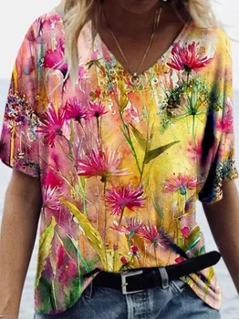 2022 Yeni Yaz Rahat Gevşek Kısa Kollu V Yaka Çiçek Baskı T-shirt Kadın Tees Tops Vintage Tees Tshirt Giyim Blusas 21369