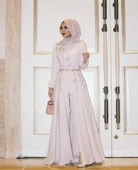2022 Zarif Uzun Kollu Müslüman Tulum Akşam Elbise Aplike robe de soiree İslam Dubai Resmi Olay Törenlerinde elbiseler de soirée
