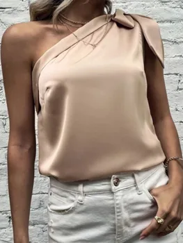 2023 Bayan Yaz Moda Katı Eğik Yaka Bluz Gömlek Seksi Bir Omuz İlmek Kazak Tops