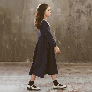 2023 Sonbahar Retro Kız Elbise Kore Tarzı Kontrast Renk Çocuk Giyim Çocuklar Uzun Tarzı Prenses Elbiseler Zarif, #7133
