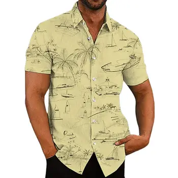 2023 Yeni erkek havai gömleği Kısa Kollu Erkekler İçin 3D Hindistan Cevizi Ağacı Baskı Bluz Üstleri Rahat Büyük Boy Tee Gömlek Erkek Giyim