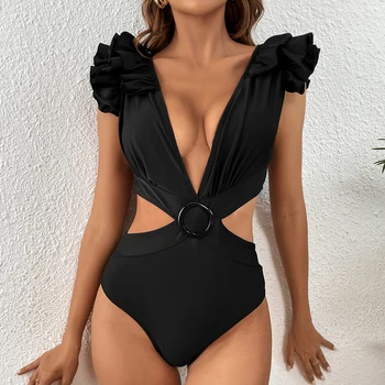 2023 Yeni Seksi Tek Parça Mayo Katı Siyah Fırfır kadın bikini takımı Plaj Kıyafeti Backless Monokini Yaz