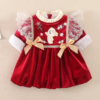 2023 Yılbaşı Yeni Yıl Bebek Giysileri 6M-3T Bebek Kız Kardeş Kıyafet Kalınlaşmak Prenses Kırmızı DressJumpsuit Dantel PatchWork Romper