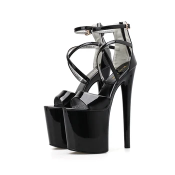 20cm veya 17cm Ultra yüksek topuklu sandalet Siyah Stiletto Seksi Çapraz T Kemer Platformu Topuklu Yaz Striptizci Ayakkabı Plataforma Mujer