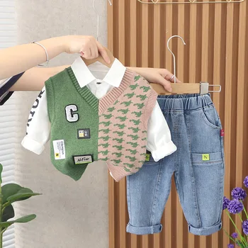 3 adet Set çocuk Giysileri Bebek Erkek Mektup Yama Örme Yelek + Gömlek + kot pantolon Kıyafetler Bahar Sonbahar Yürümeye Başlayan Kostüm