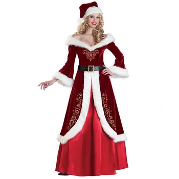 3 adet/takım Kırmızı Deluxe Kadife Noel Baba Kostüm Xmas Parti Elbise İle Kemer ve Şapka Yetişkin Kadınlar İçin