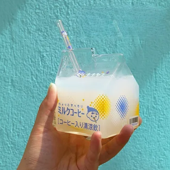 350ml Yaz Cam Cam Saman ile Basit Kare Süt Kutusu Bardak Japon Taze Kız Kalp Su Bardağı