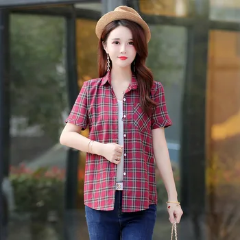 3XL Yeni Moda kadın Pamuk Kısa Kollu Ekose Gömlek Moda İnce Bayanlar Kore Rahat Pamuk Kolej Tarzı Ofis Üst Gömlek