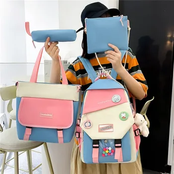 4 parçalı Set Moda kadın Sırt Çantası Trendi Rozeti keten bezi okul çantası Kızlar İçin Sevimli Kolye Kontrast Renk omuz çantaları Okul çantaları