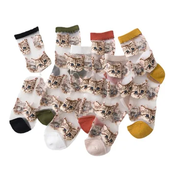 5 Pairs Lot kadın Kedi Desen Çorap Harajuku Kristal Şeffaf Kız Kawaii Çorap Streetwear Sevimli Sox