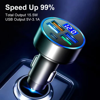 5 Port 15.5 W USB Tip-C araba şarjı LED dijital ekran Otomatik Şarj Fiş Adaptörü Gerilim Algılama ile Cep Telefonu için