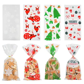 50 adet Noel Şeker Çanta Noel Ağacı Santa Plastik Pişirme kurabiye poşeti Yeni Yıl Noel Partisi Hediyeler Ambalaj Çanta Navidads
