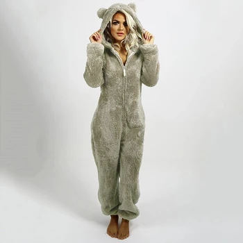 5XL Kadın Kabarık Peluş Termal Sıcak Kapşonlu Pijama Bodysuits Casual Fermuar Kış Hoodies Tulumlar Pijama Onesies Tulum