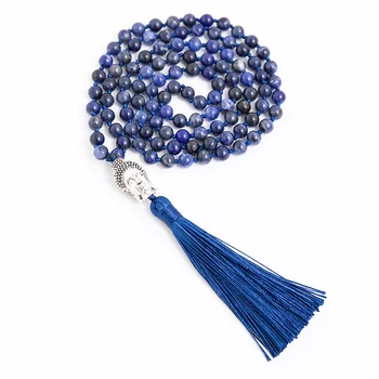 6mm Doğal Mavi Sodalite Taş Lapis Lazuli Boncuklu Düğümlü Kolye Meditasyon Yoga Nimet Buda Baş Takı 108 Mala Tespih