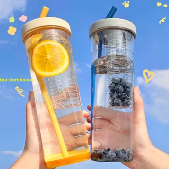 700ML Büyük Kapasiteli Saman Bardak Şeffaf Hiçbir Sızıntı Su Bardağı Taşınabilir Limon Suyu Bardakları Filtre Sevimli içme suyu şişesi Kız için