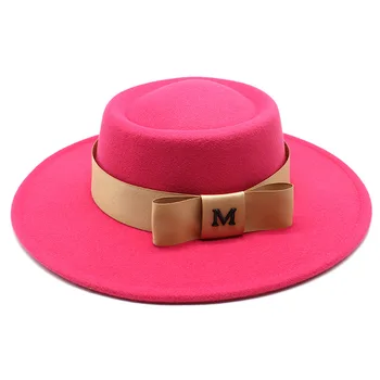 8.5 cm silindir şapka kadın kubbe fedora şapka erkekler ve kadınlar M zincir moda düz üst yün şapka İngiliz retro yün keçe şapka