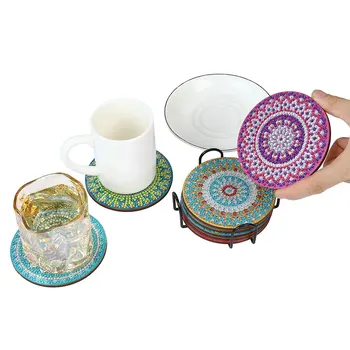 8 adet / takım 5D DIY Elmas Boyama Ahşap Mandala Yuvarlak Coaster Mozaik El Sanatları Masa Placemat İçecek Kahve Fincanı Mat çay masası Pedleri