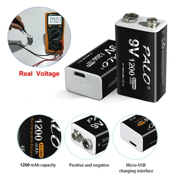 9 V şarj edilebilir pil 1200mAh Lityum Li-ion 9 Volt 6F22 9 V USB Taç Pil Multimetre KTV Mikrofon Metal Dedektörü