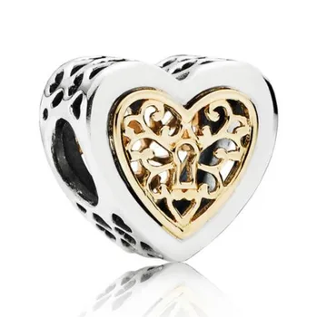 925 Ayar Gümüş Charm Ajur Gümüş Altın Kilitli Kalpler Boncuk Fit Kadın Pandora Bilezik ve Kolye Dıy Takı