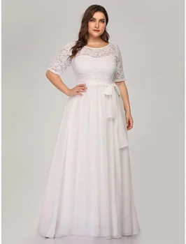 A-Line Artı Boyutu Düğün Konuk Resmi Akşam sevgililer Günü Elbise Illusion Boyun Yarım Kollu Kat Uzunluk Naylon Kanat Ribbo