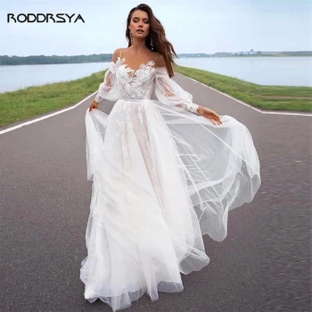 A-line Plaj düğün elbisesi Uzun Puf Kollu Tül Sweep Tren Prenses Gelin Gelin Parti Kıyafeti Boho Custom Made Vestido De Novia