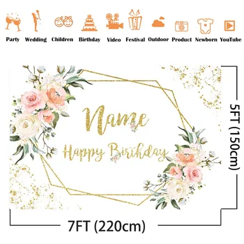 Adı Mutlu Doğum Günü Özelleştirmek Zemin Pembe Çiçek Dekorasyon Malzemeleri Photocall Altın Nokta Özelleştirmek Kişiselleştirin DIY Malzemeleri