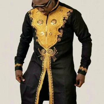 Afrika Dashiki Elbise Gömlek Erkekler Afrika Giysi Lüks Metalik Altın Baskılı Standı Yaka Gömlek Afrika Erkekler Geleneksel Kıyafet