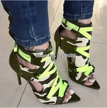 ALMUDENA Yeni Neon Sarı Çapraz Şerit Toka Kayış Sandalet Stiletto Topuklu Yılan Derisi Patchwork Hollow Out Kafes Ayakkabı Pompaları