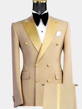 Altın Erkek Takım Elbise 2 Adet Blazer Saf Pantolon Kruvaze Smokin Modern Saten Yaka Düğün Resmi İş Balo Rahat Özel