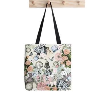 Alışveriş Alice in Wonderland Çay Partisi Boyalı Tote Çanta kadın Harajuku alışveriş çantası kız Omuz alışveriş çantası Bayan Kanvas Çanta