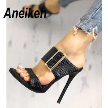 Aneikeh 2023 Moda Seksi Gladyatör Yaz PU Kadın Sandalet İnce Yüksek Topuklu Sandalet Slip-On Opinted Ayak Siyah Elbise Boyutu 35-40