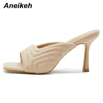 Aneikeh 2023 Yeni Yaz Kadın Katır Moda Katı Akın Kare burunlu yüksek Topuklu Sandalet Bayanlar Slip-On Terlik Zapatos Mujer