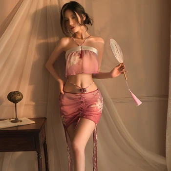 Antik Çin Hanfu Kadın Seksi İç Çamaşırı Cosplay Costumeclassical Cheongsam Erotik Tül Önlük Açık Kasık Etek tanga seti Porno