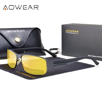 AOWEAR HD Polarize Gece Görüş Sürücü Gözlükleri Erkekler Retro Sarı Güvenlik Gece Sürüş Gözlük Güneş Gözlüğü Kötü Hava Gafas