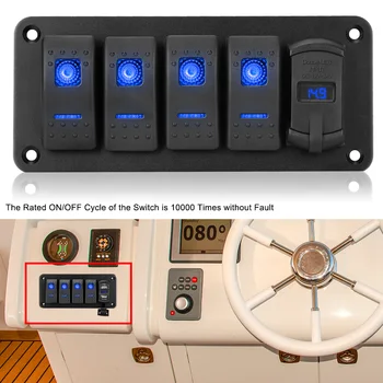 Araba Deniz için Çift USB Bağlantı Noktası Dijital Voltmetre LED Anahtarı Paneli + Sticker 12 V / 24 V 4 Gang Geçiş Rocker Anahtarı