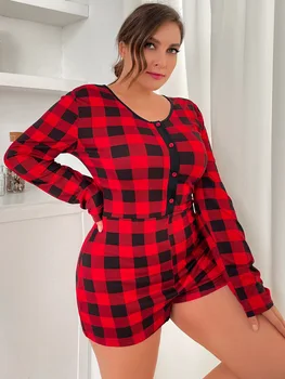 Artı Boyutu kadın Pijama Kırmızı Ekose Onesies Pijama Ev Tulum Romper Yaz Büyük Boy Bayan Kılıf Kısa Pijama