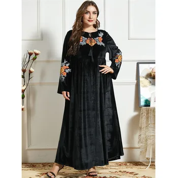 Artı Boyutu Müslüman Arapça Abaya kadın uzun elbise Kadife Nakış Parti Akşam günlük giysi Elbisesi Dubai Türk Jilbab Moda