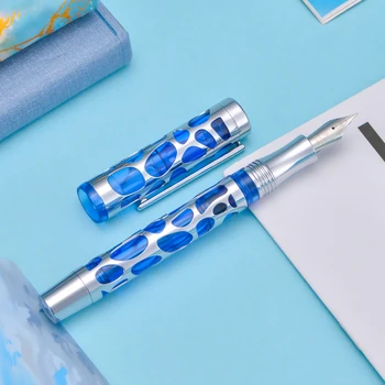 Asvıne V169 Vakum Dolum dolma kalem Mavi-Gümüş Şeffaf Akrilik İçi Boş Oyma EF / F / M Yazma Kalem Hediye