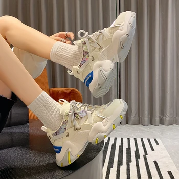 Avrupa İstasyonu Eski Ayakkabı kadın Moda Serin 2022 Yeni renkli örgü Kalın tabanlı kadın ayakkabısı Kadın Sneakers Sneakers Lüks
