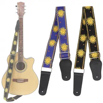 Ayarlanabilir 110-168cm uzunluk Gitar Askısı Çift Kumaş Güneş Çiçek Desen Hakiki deri kemer Gitarist Enstrüman Parçaları