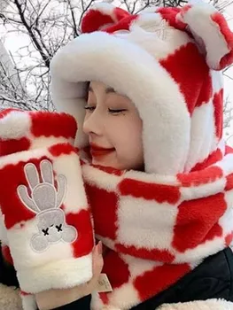 Ayı şapka çocuk Kış şapka eşarp eldiven 3-in-1 kalınlaşmış sıcak Sevimli eşarp boyun