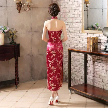 Backless İnce Kadınlar Uzun Cheongsam Ejderha Çince Geleneksel Elbise Düğün Parti için Compere Elbiseler Vintage Qipao Kıyafet 90