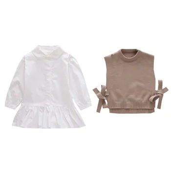 Bahar Sonbahar Bebek Kız Tatlı Şeker Renk Örgü Kazak Yelek Gömlek giyim setleri Çocuk Kore Bluz Yelek Kıyafetler