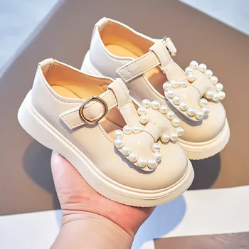 Bahar Sonbahar Kızlar deri ayakkabı Yay-düğüm İnciler Boncuk Prenses Tatlı Sevimli Yumuşak Rahat Çocuk Flats Çocuk Ayakkabı
