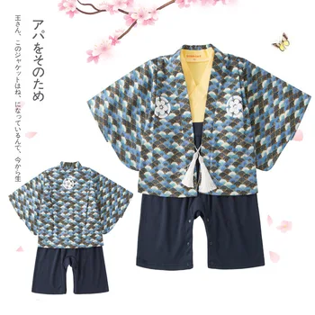 Bahar Sonbahar Toddler Bebek Erkek Pamuk Mavi Çiçek Baskı Ceket Romper Klasik Japon Tarzı Kimono